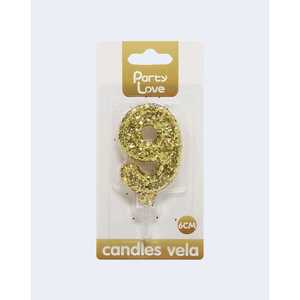 Bougie d'anniversaire en cire de paraffine non parfumée avec paillettes dorées de 6 cm pour la fête du 9 - Product Image 2