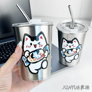 Vaso de Acero Inoxidable de 450 ml con Pajita, Taza de Viaje Portátil para Bebidas Frías, Café, Jugo, Adultos - Product Image 3