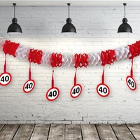 Guirnalda de Banderines con Números para Fiesta de Cumpleaños de Acero Inoxidable, Rojo y Blanco, con Diseño de Señales de Tráfico para Decoración