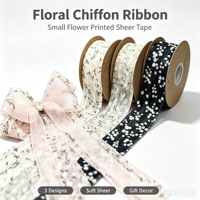 Pita Sutra Chiffon Floral 100% Sutra Jepang Gaya Korea Selatan 50mm/70mm 3 Desain Pita Lembut Dekorasi Hadiah Rambut