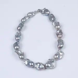 925 silver clasp huge gray freshwater pearl baroque necklace