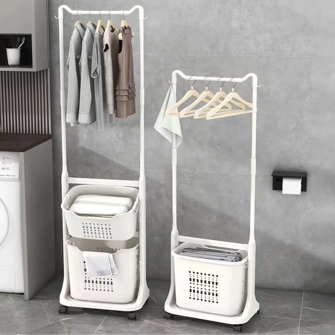 Sesame 2 Layer 3 Tier Dirty Clothes Small Plastic Laundry Basket With Wheels Rolling Laundry Cart