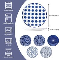 Assiettes à dîner élégantes en céramique bleu et blanc, 10,5 pouces, ensemble de porcelaine classique, 6 pièces, résistantes aux rayures, compatibles lave-vaisselle, four et micro-ondes