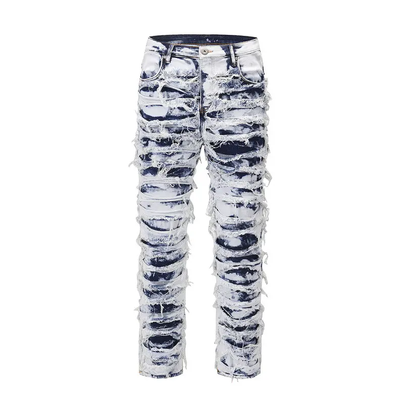 Streetwear street purple pants whisker high quality men's stacked baggy y2k wide leg stretch nudie white distressed jeans unisex