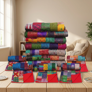 Couette Vintage en soie, Sari en Patchwork de Kantha, couverture - Product Image 3