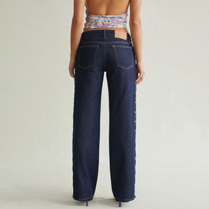 Jean évasé taille basse pour femme KingSen, en denim indigo brut, avec œillets latéraux et lacets ajourés, style Y2K vintage streetwear - Product Image 5