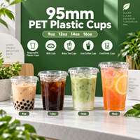 Gobelets en plastique PET jetables de 9 oz, 12 oz, 14 oz, 16 oz, 95 mm avec couvercles, gobelets pour thé à bulles, gobelets pour café glacé, gobelets pour boissons froides