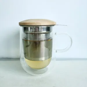 Tasse à thé 12oz pour la maison et le bureau Tasse à thé en verre à double paroi avec panier à infuseur en acier inoxydable et couvercle en bambou