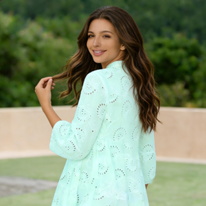 Light Green <b>Plus</b> Loose Casual Embroidered 3D Pattern Vintage Cotton Knee-Length V-Neck Bell Sleeves Natural Waist - Product Image 1