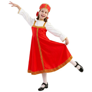 Traje tradicional ruso para niñas, vestido rojo de manga larga con sombrero, traje lavable para actuaciones - Product Image 5