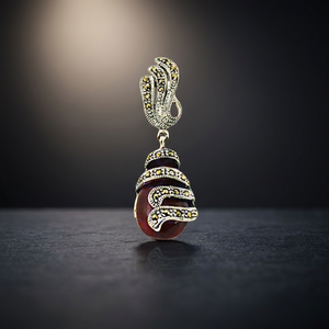 Vintage 925 Silver Rhodium Plated <b>Pendant</b> Red Crystal Marcasite Accents Channel Set Themed Charm Everyday Wear Women's Style - Product Image 3