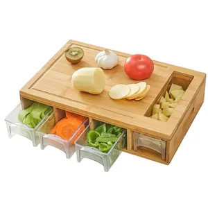 Küche multifunktionales natürliches Schneideblock Bambus-Schneidebrett mit Behältern Tablets und Gemüserbraten Schneider