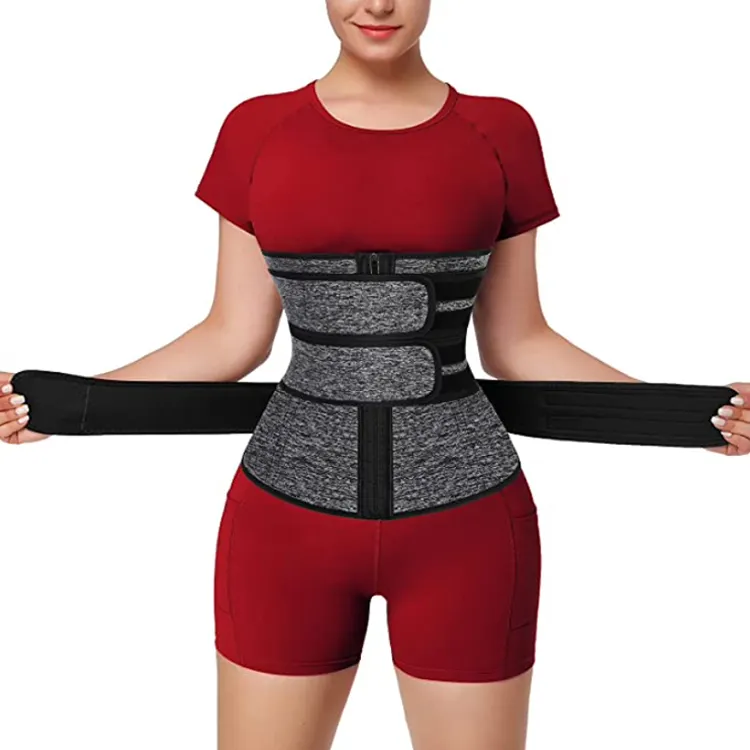 Grauer, verstellbarer Taillen trainer mit drei Riemen für Frauen, Reißverschluss-Unterbrust korsett mit Plastik knochen, Bauchwickel-Taillen trimmer gürtel