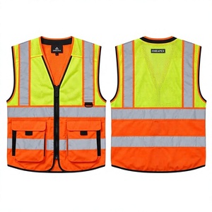 Gilet de sécurité réfléchissant haute visibilité pour hommes, orange citron, personnalisé, vêtements de travail, gilet utilitaire de construction avec poches pour hommes - Product Image 1