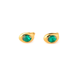 Fashion <b>Stud</b> <b>Earrings</b> 316L Stainless Steel PVD Gold Plating Green Gemstone Oval Shape - Product Image 2