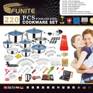 FUNITE Ensemble de Cuisson 220 Pièces en Acier Inoxydable avec Casseroles <span class=keywords><strong>et</strong></span> Poêles, Construction Métallique Durable, Compatible Induction, Couvercle en Verre - Product Image 3