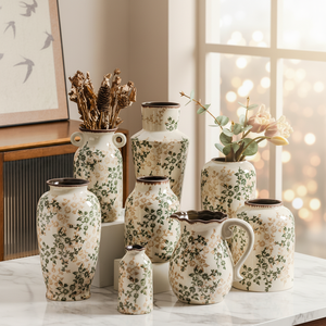 Jarrón de Cerámica Azul y Blanco de Alta Gama, Estilo Art Deco Chino Retro, <span class=keywords><strong>con</strong></span> Diseño Floral Verde y Efecto de Grietas de Hielo, para Decoración de Sala de Estar o Entrada - Product Image 1