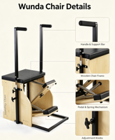 Chaise Wunda Pilates MJD W56 en bois massif, équipement d'entraînement pour studio