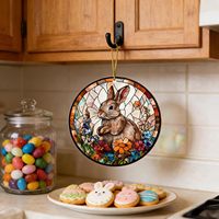 Attrape-soleil 2D en acrylique style vitrail floral avec motif lapin et fleurs, ornement suspendu pour fenêtre/mur, décoration d'intérieur, cadeau artistique