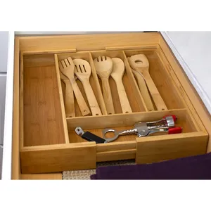 Plateau à ustensiles en bambou filé extensible Plateau à couverts en bambou spacieux pour l'organisation de la cuisine - Product Image 2