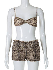 Conjunto de dos piezas de malla Sexy Club de verano para mujer, camisola de leopardo + Pantalones cortos con cordones, atuendo a juego - Product Image 5