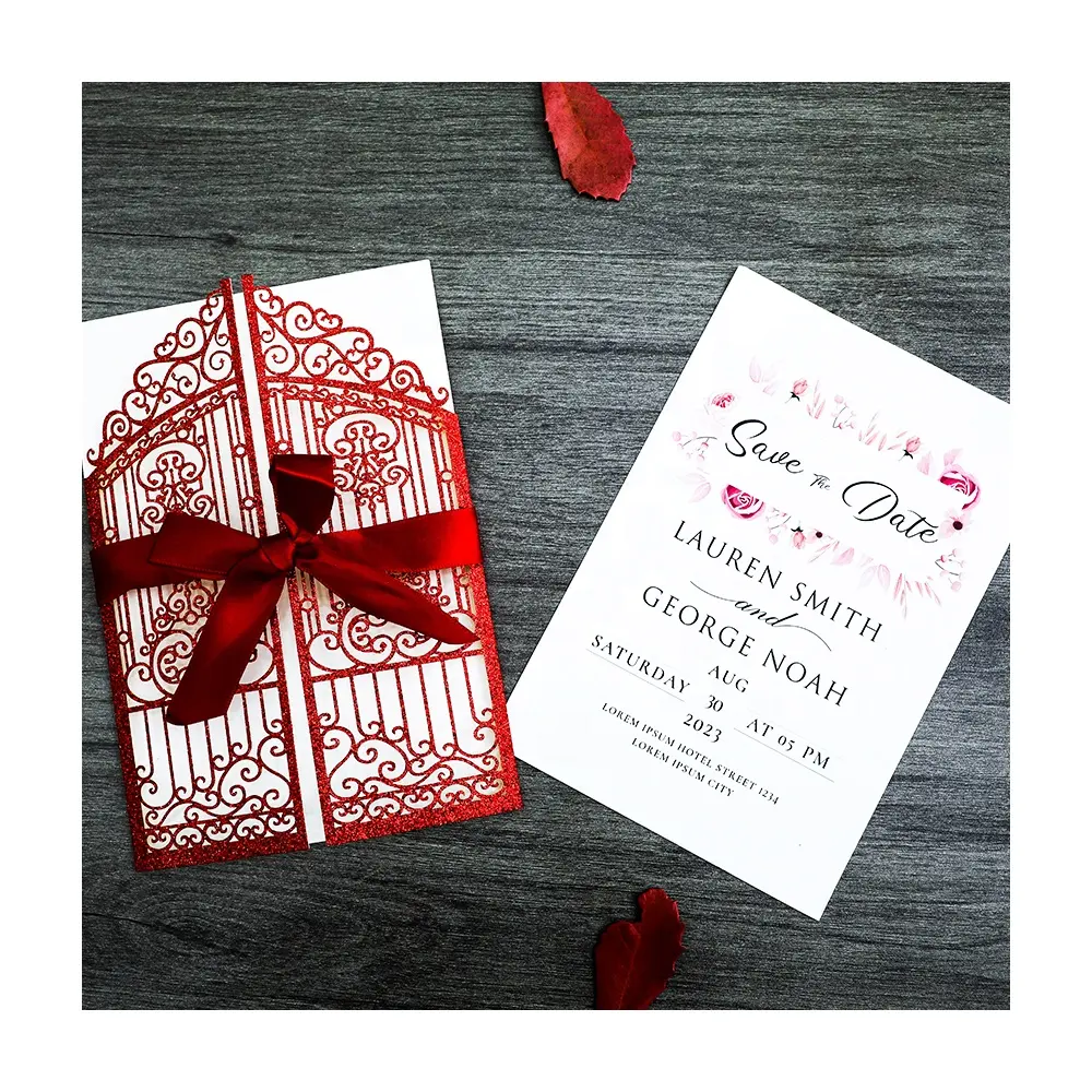 Glitter Paper Premium Laser Cut Digital Printing 6 Color Hollowed Red Gate Wedding Invitation Card with Envelope