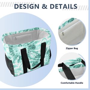 Bolsa de Compras con Logotipo Personalizado, Estampado Tie Dye Verde Azulado, Bolsa de Playa Plegable Grande, Bolsa de Supermercado Reutilizable con Bolsillos de Malla - Product Image 3
