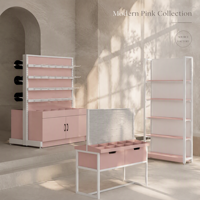 Étagère de présentation cosmétique rose, présentoir de maquillage, vitrine de magasin de beauté, mobilier de boutique avec système de crochets pour panneau rainuré