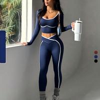 Ensemble de yoga 2 pièces pour femme : haut et pantalon de sport contrastants, respirant, à manches longues, taille haute, effet push-up fessier