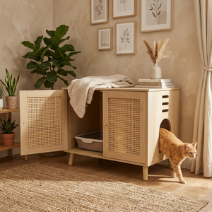 Modern Wooden Rattan Cat <strong>Litter</strong> <strong>Box</strong> Enclosure Cabinet | Hidden Cat Washroom <strong>Furniture</strong> for Living Room - Product Image 1
