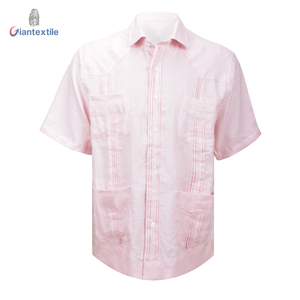 Camisa Guayabera Make to Measure para <span class=keywords><strong>hombre</strong></span> Camisa cubana mexicana Camisa de manga corta de lino 100% sólido rosa para <span class=keywords><strong>hombre</strong></span> - Product Image 1