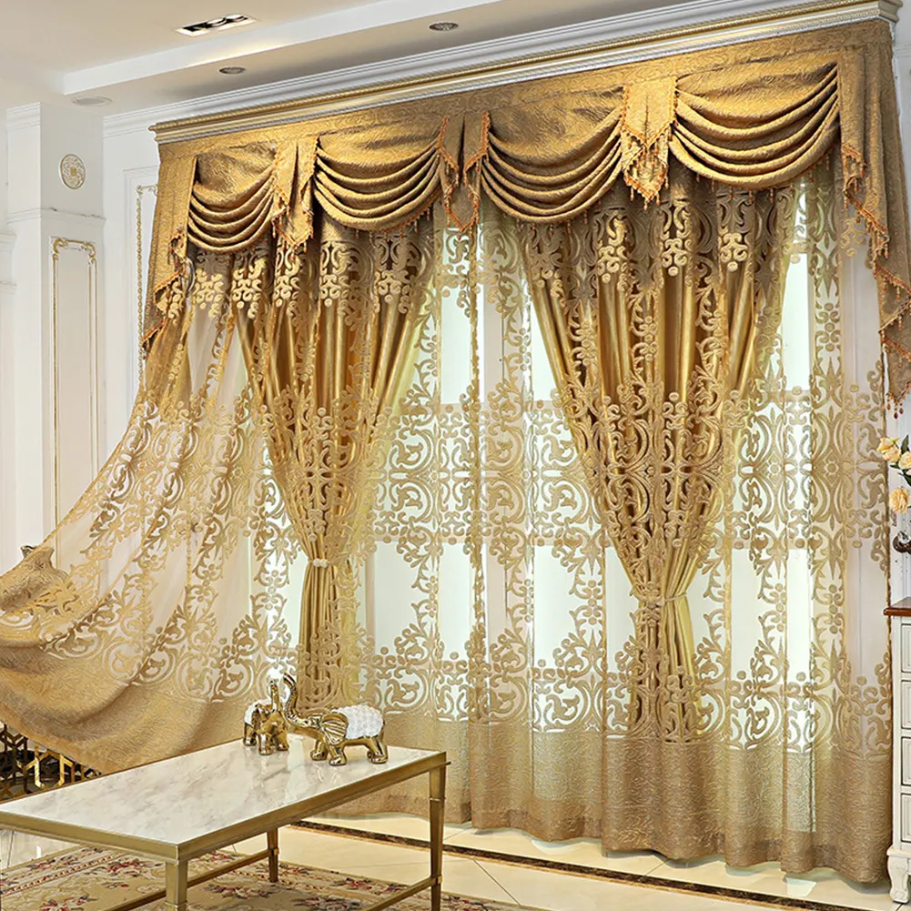 Atacado Jacquard luxo cortina com valance quarto tule cortina Fantasia valances frisado set cortina valances