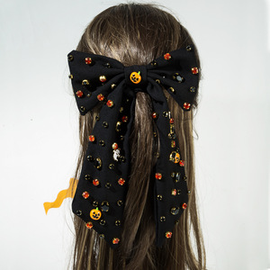 Nuova Molletta per Capelli di Halloween con Fiocco, Zucca e Fantasma tempestati di Diamanti, Accessorio Femminile per Capelli per Feste e Vacanze - Product Image 1