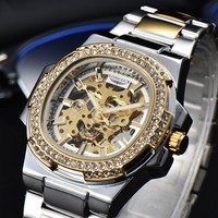 Montre mécanique automatique squelette, exclusive transfrontalière, avec aiguilles lumineuses et accents de pierres précieuses, de haute qualité, de luxe, avec réserve de marche