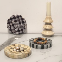 Plateau de service multifonctionnel en marbre rond, style rétro élégant, motif mosaïque damier, pour organiser les bijoux, décoration de la maison, table de chevet