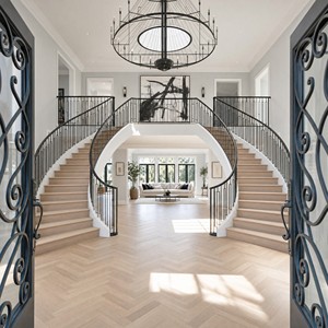 Scala a doppia curvatura per interni di ville di lusso con eleganti gradini in legno <span class=keywords><strong>e</strong></span> struttura metallica personalizzata - Product Image 1