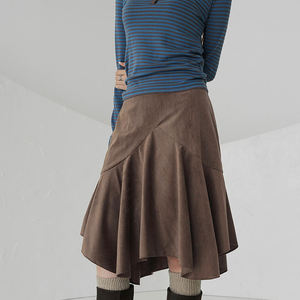 Brown Midi <b>Skirt</b> with Asymmetric Hem - Textured Fall <b>Skirt</b> in Mylady Style Vintage High Waist Asymmetrical Midi <b>Skirt</b> - Product Image 2