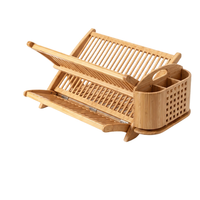 Égouttoir à vaisselle multifonctionnel écologique en bambou pliable à deux niveaux en forme de X pour l'évier de cuisine, avec porte-ustensiles et porte-épices amovibles