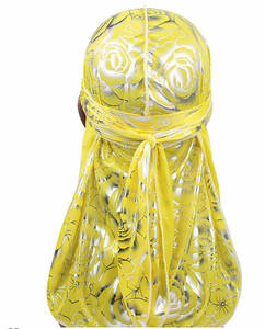 Venta al por mayor Hip Hop Silky Durag Cap Rose Flower Printed Gold Stamping Silk Long Tail Bandanas Turbante Outdoor Transpirable - Product Image 5