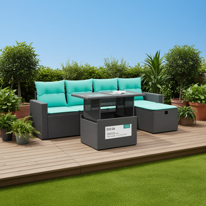 Juego de sofás de patio de ratán sintético, 6 piezas, gris, con cojines, almacenamiento, muebles de exterior, diseño contemporáneo - Product Image 2