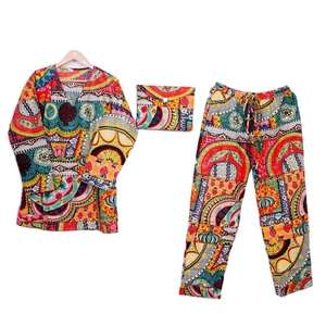 Conjunto de Pijama de Lujo para Mujer, Cuello en V, 100% Algodón Satinado, 2 Piezas, Estampado a Mano, Cintura Elástica, Transpirable, Otoño - Product Image 1