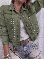 Veste en jean élégante pour femme, courte, à clous, à manches longues, à revers, colorée