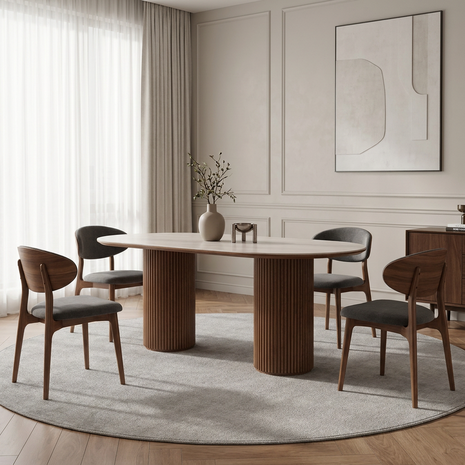 Oval Sintered Stone Dining Table With Fluted Walnut Double Column Base ...