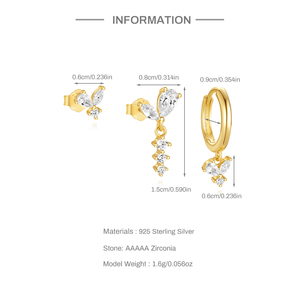 Boucles d'oreilles créoles 3 pièces/ensemble, bijoux fins à la mode en forme de fleur et de goutte d'eau - Product Image 5