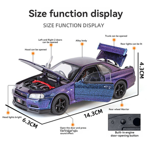 JLF GTR-R34 Skyline 1:32 Coche de juguete de aleación fundida a presión con sonido y luz, modelo de metal con retroceso, adorno para coche, puertas que se abren, decoración todoterreno - Product Image 4