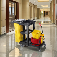 Carrito de conserje comercial para hotel y restaurante, carrito de limpieza de plástico amarillo, bolsa de basura, cubos, escurridor para servicio de limpieza