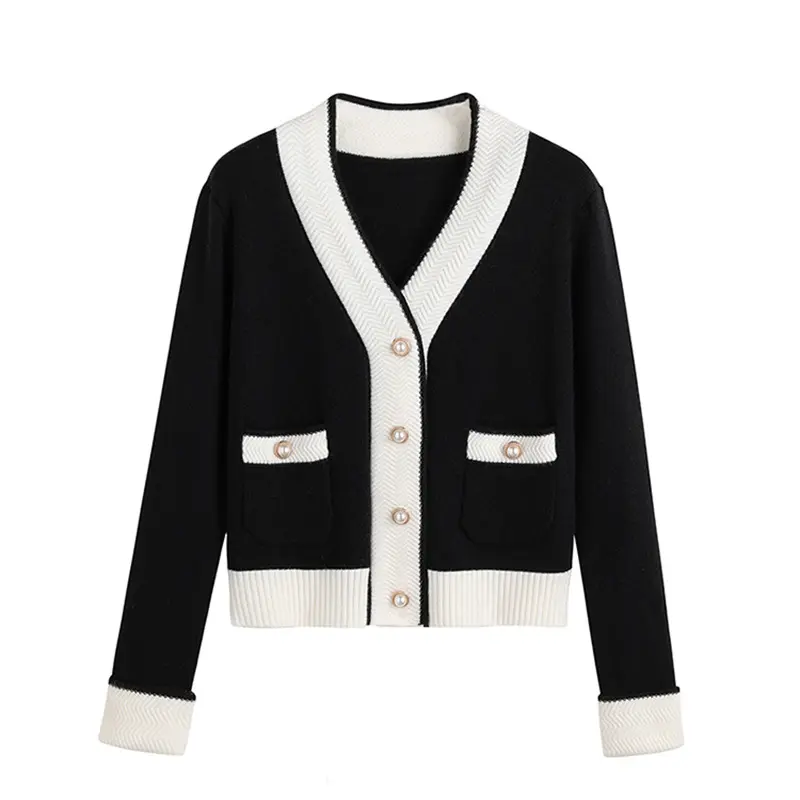 Sweater wanita, pakaian rajut gaya Vintage hitam dan putih blok leher v lembut kardigan rajutan lengan panjang trendi kancing mutiara