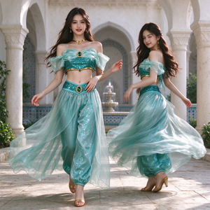 Costume da Principessa Araba per <span class=keywords><strong>Donna</strong></span>, Taglia XS-3XL, Decorato con Paillettes e Gemme, Set 2 Pezzi, Abito da Palcoscenico per Halloween e <span class=keywords><strong>Natale</strong></span> - Product Image 1
