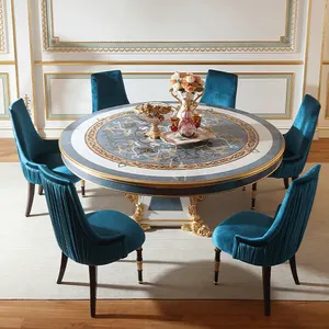 Royal Design Antique Dining Room Furniture Sets Wood Carved Gold Foil Veneer with Mother of Pearl Pattern Antique Dining Table