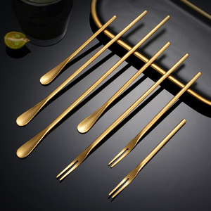 Cuchara y tenedor de mango largo estilo japonés, acero inoxidable 304, herramienta para postre, helado, miel, mango redondo, color sólido - Product Image 1